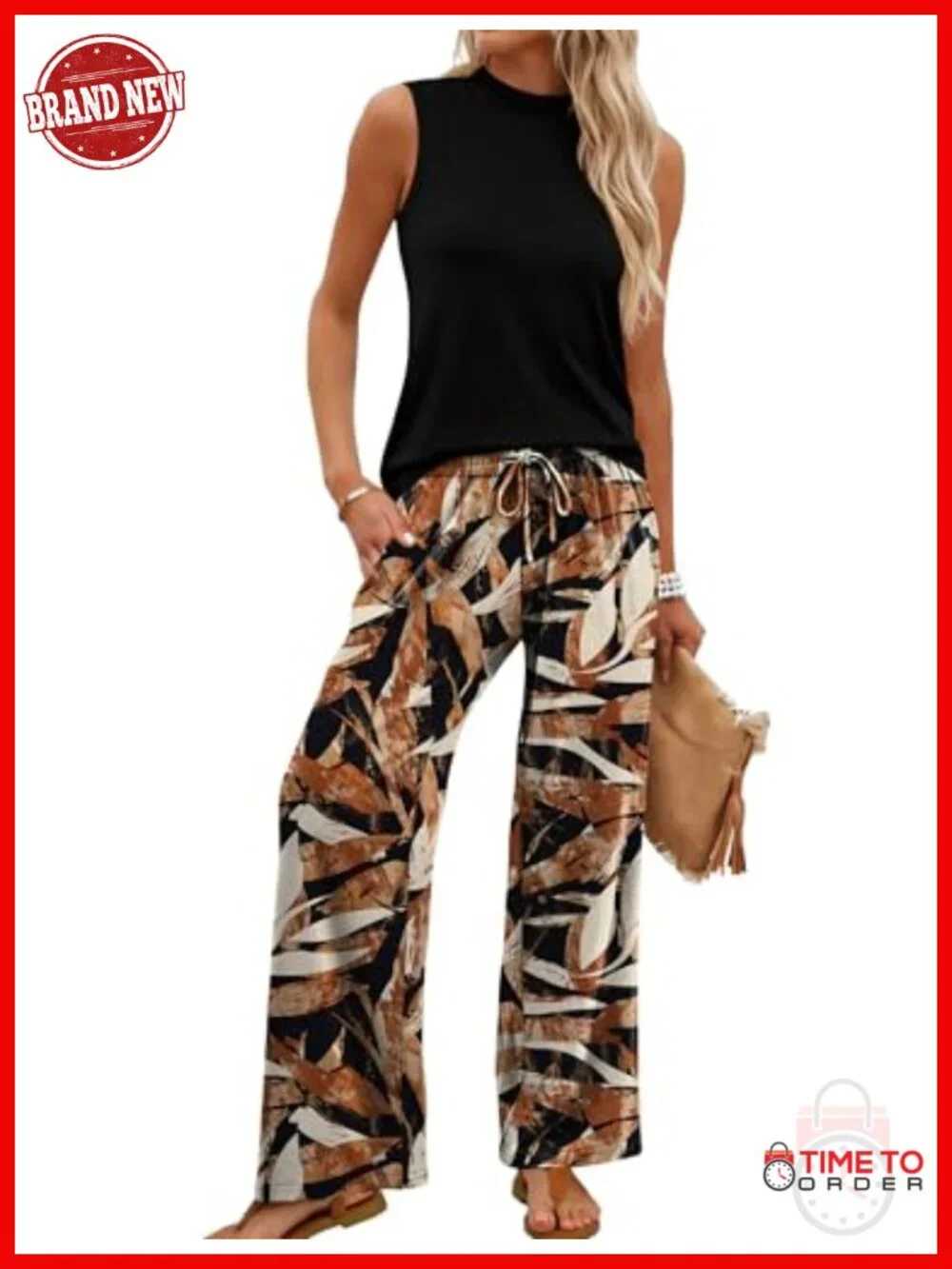 Two Piece Set Women Summer Mock Neck Wide Leg Pants Set Travel